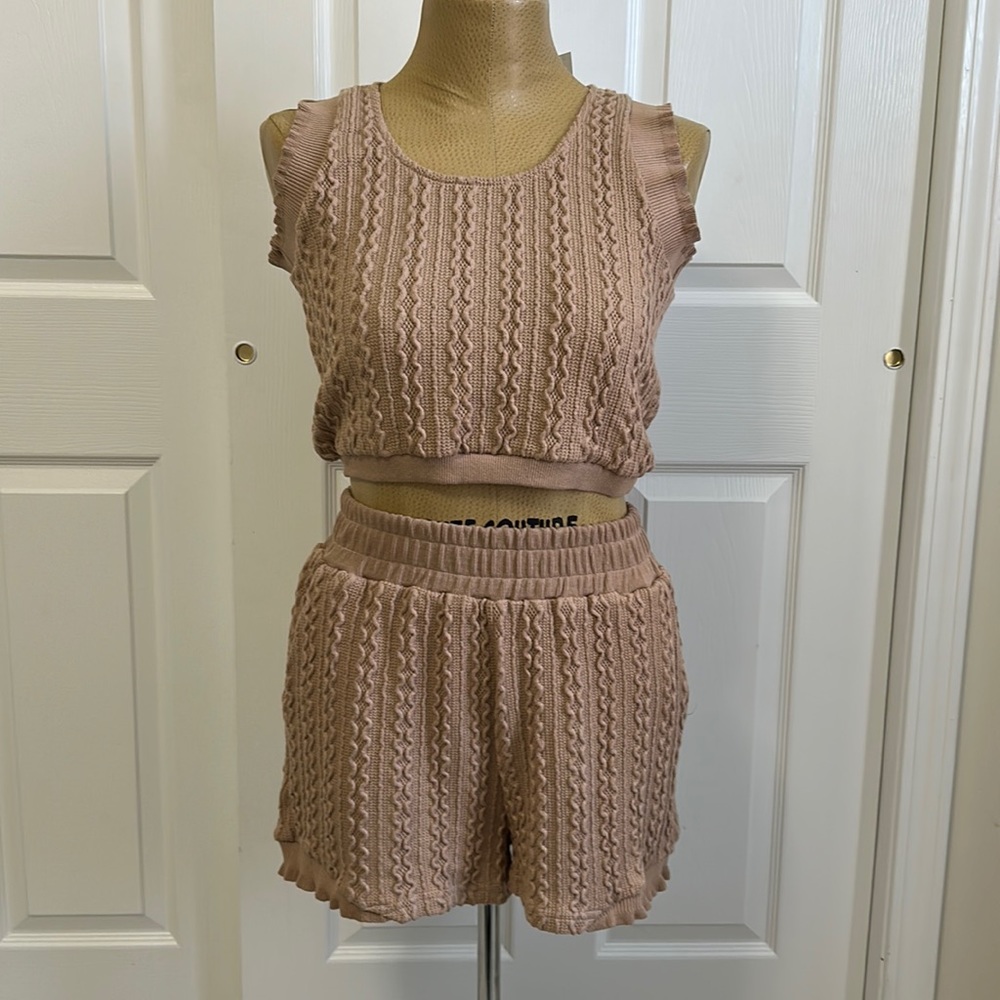 Women's Textured Knit Crop Tank & Shorts Set - Mauve Pink